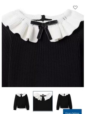 JANIE & JACK Ribbed Black Sweater with White Ruffle Collar and Velvet Bow
